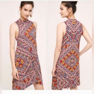 ANTHROPOLOGIE‎ Maeve Lilt Print Swing Dress Asymmetrical Hem Seam Pockets Size L